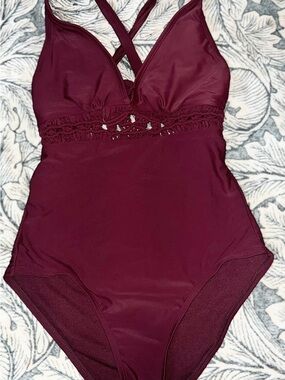 Kona Sol Burgundy One-Piece Swimsuit with Crochet Trim